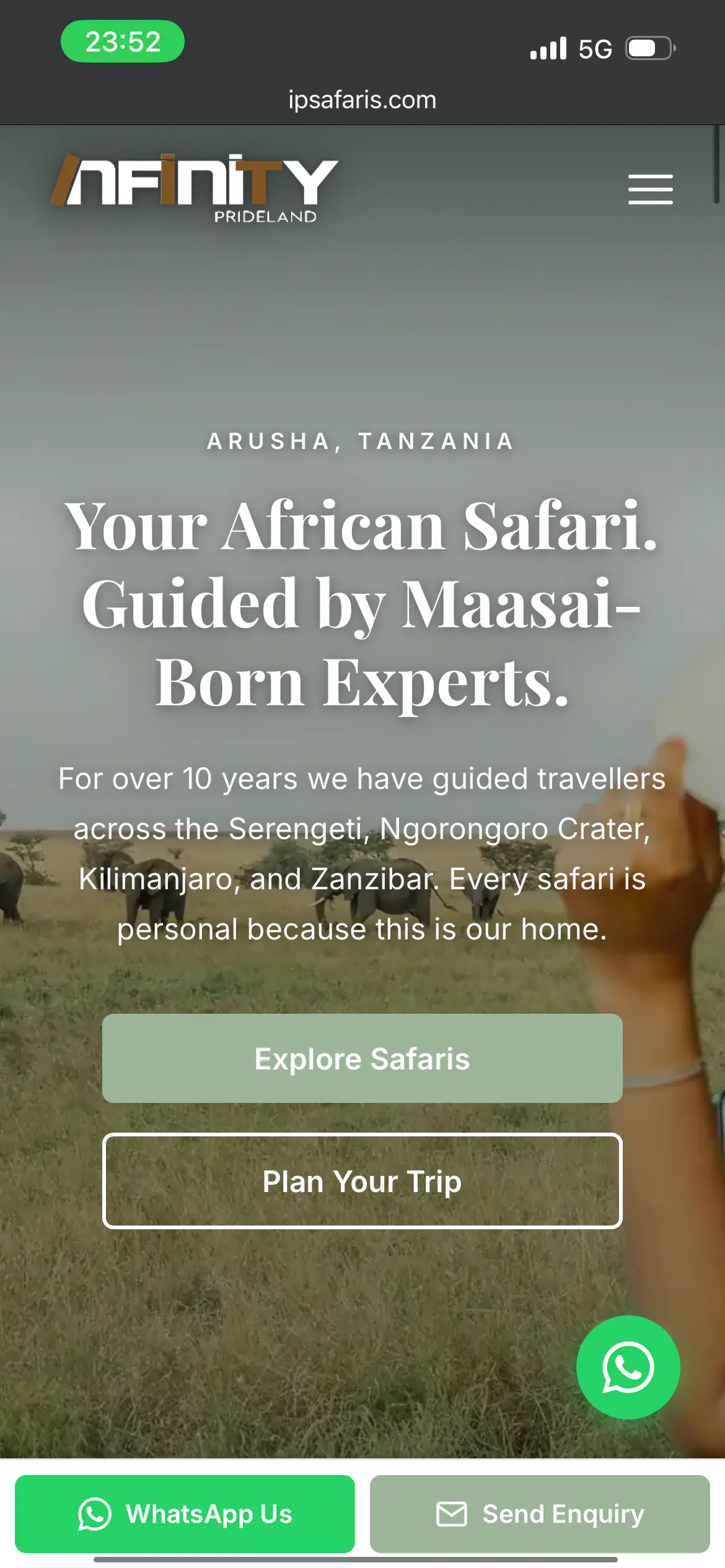 Infinity Prideland Safaris website by WebRevive — mobile view